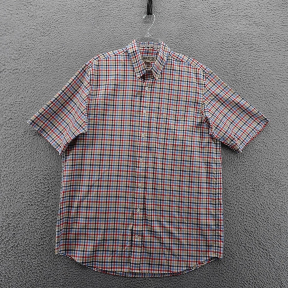 Duluth Trading Short Sleeve‎ Button Down Shirt Large Tall Blue Red Plaid Mens